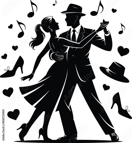 Silhouette couple dancing with musical notes and hearts
