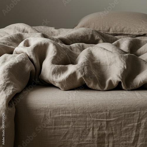 Wallpaper Mural Soft, natural linen bedding draped casually on a comfortable bed, emphasizing organic textures and a peaceful, inviting sleep space ,airy ,pillow ,natural Torontodigital.ca