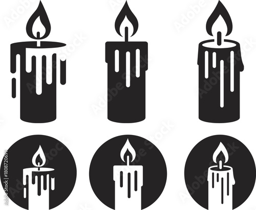 Six black and white candle icons with flames fire light
