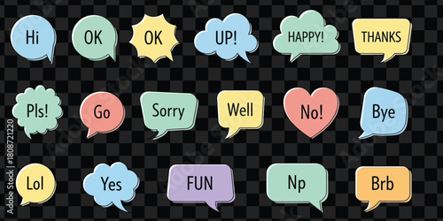 Colorful speech bubbles with text like hi ok up happy thanks sorry bye fun yes and more on black