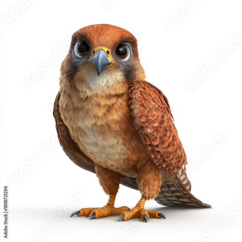 Brown Falcon With Intense Eyes Stands Against White Background Detailed Feathers Studio Shot