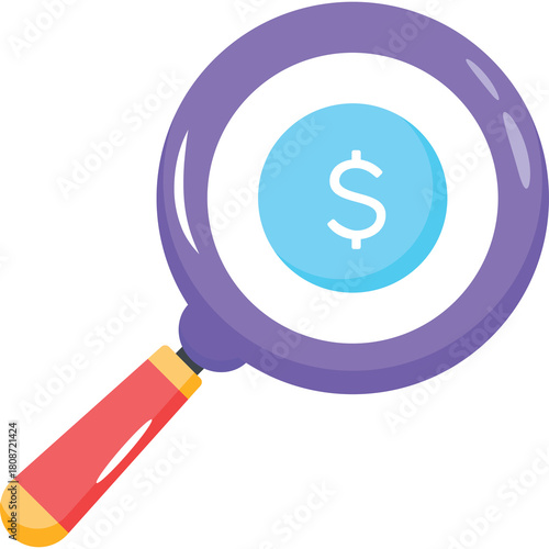 Purple Magnifying Glass With Red Handle Focuses On A Light Blue Coin With A White Dollar Sign Against A Transparent Background