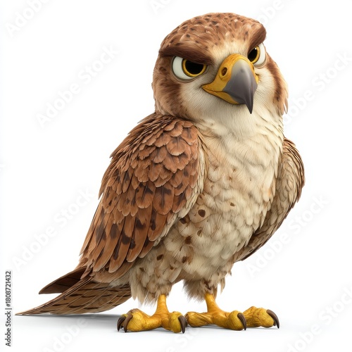 Detailed Portrait Of A Cute Baby Falcon With Brown Feathers And Yellow Eyes Looking Directly At The Camera