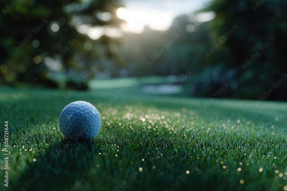 Fototapeta premium Sunlit golf ball resting on vibrant green grass in a serene golf course setting during the golden hour of the day