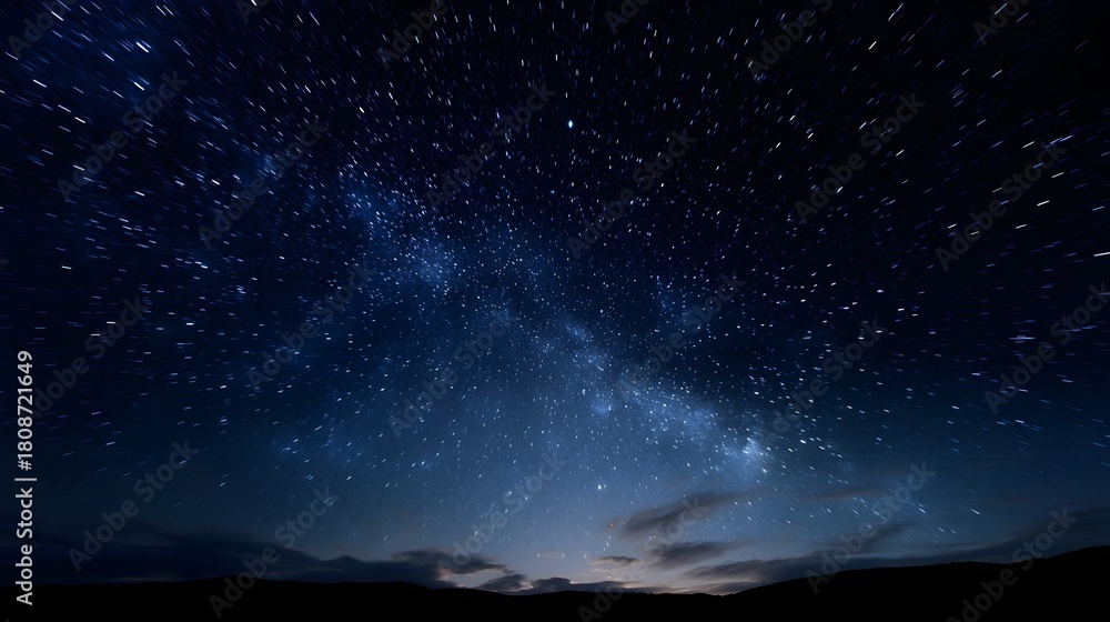 Fototapeta premium Vast expanse of the Milky Way galaxy and stars across a dark clear night sky with subtle clouds near the horizon