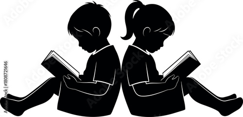Children reading books silhouette, boy and girl sitting back to back, kids studying, education concept, isolated vector illustration, black shape.