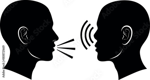 Communication concept, two heads silhouette, speaking and listening, sound waves, dialogue icon, vector illustration, human interaction, profile face, isolated.
