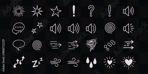 Collection of hand drawn doodle icons including stars speech bubbles and weather symbols on black