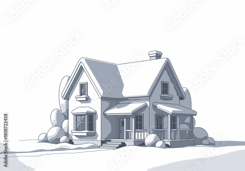 Charming illustrated house covered in winter snow featuring a cozy porch bay window and gabled roof.