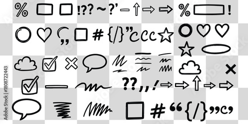 Hand drawn doodle vector set with symbols shapes arrows and punctuation marks on checkered background