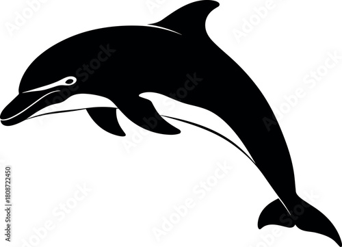 Jumping dolphin silhouette, marine mammal vector, black ocean animal icon, swimming sea creature illustration, isolated nature symbol, aquatic life.