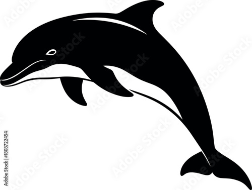 Jumping dolphin silhouette, vector illustration of marine mammal, black and white ocean animal, isolated symbol, swimming bottlenose icon.