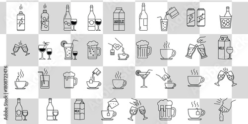 Line art illustration showcasing various beverages including coffee tea beer wine and milk drinks