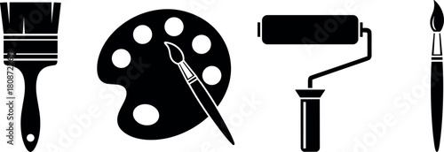 Painting tools icon set, flat brush, artist palette with brush, paint roller tool, fine art paintbrush, isolated vector silhouette.