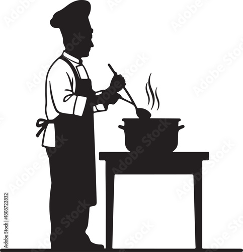 Professional chef cooking, stirring pot, steam rising