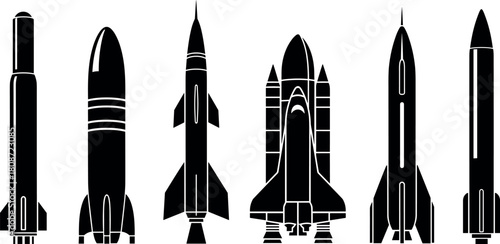 Rocket collection, space shuttle, and missile silhouettes. A vector icon set for aerospace technology, science exploration, and transport design.