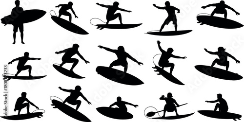Surfing silhouettes set, surfer riding waves, man with surfboard, water sport action poses, black vector collection, isolated illustration.