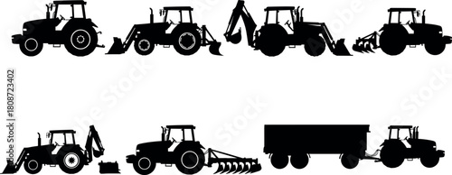Tractor silhouettes set, agricultural machinery, farm equipment collection, heavy vehicle icons, plow, loader, trailer, isolated black vector illustration.
