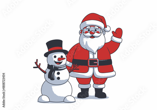 Cheerful cartoon Santa Claus waving hello next to a smiling snowman with a top hat.