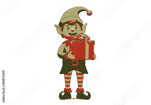 Cheerful Christmas Elf Holding a Wrapped Gift Box.