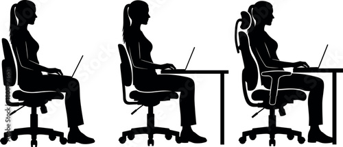 Woman sitting posture, correct and incorrect position at desk, ergonomic office chair with laptop, silhouette vector icon set, spine health.