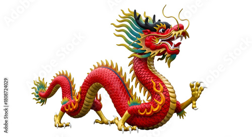 Majestic red Chinese dragon statue with golden accents embodies strength, prosperity, and good fortune for cultural celebrations