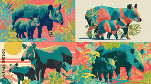 Vibrant illustration of tapirs in lush tropical forests with bold colors and abstract shapes. Artistic wildlife scene featuring tapir families and jungle vegetation.