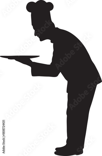 Professional chef serving meal on a platter silhouette