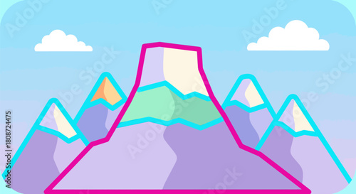 Stylized Mountain Range Illustration with Pink Outline and Pastel Colors.