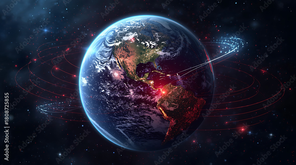 Obraz premium Global data network over planet earth, digital technology connectivity concept