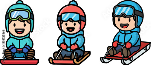Three children sledding on colorful sleds, smiling and wearing winter clothing, outdoor snowy setting, cheerful atmosphere, isolated on a transparent background