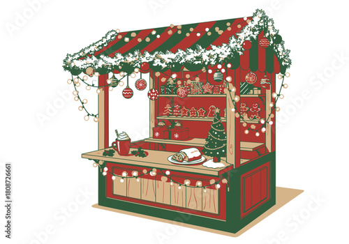 Festive Christmas Market Stall Laden with Holiday Treats and Decorations.