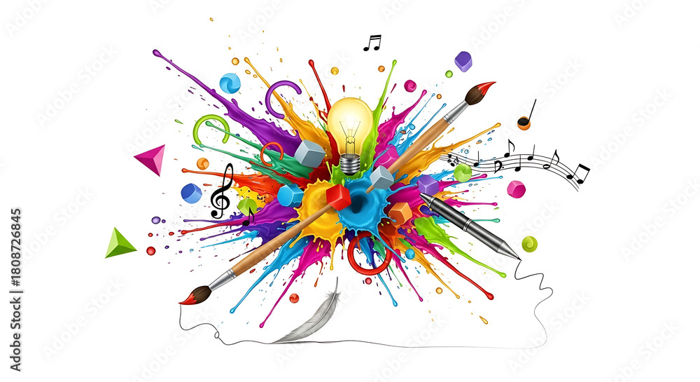 Fototapeta premium Creative Idea Explosion: Light Bulb, Paint Brushes, Music Notes, and Abstract Color Splash new