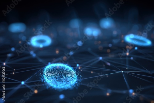 Glowing blue digital fingerprint holograms hover in a dark futuristic environment showcasing advanced technology and security features