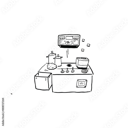 Outline illustration of a kitchen interior with appliances and furniture