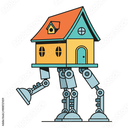 A house on robotic legs moving forward, future home concept