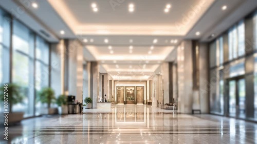 Interior of a modern building lobby with polished floors, tall windows, and bright lighting