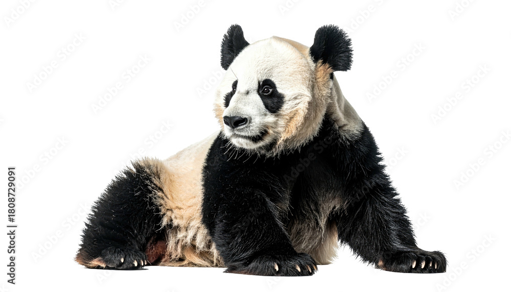 Naklejka premium Panda resting. Black and white mammal looking left, relaxed pose
