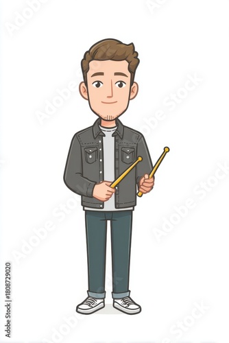 Pixel Art Character Portrait Of A Young Man Holding Drumsticks On A White Background