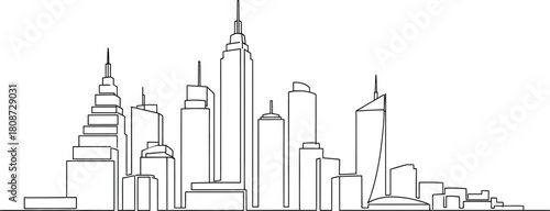 Minimalist line art illustration of a modern city skyline with skyscrapers