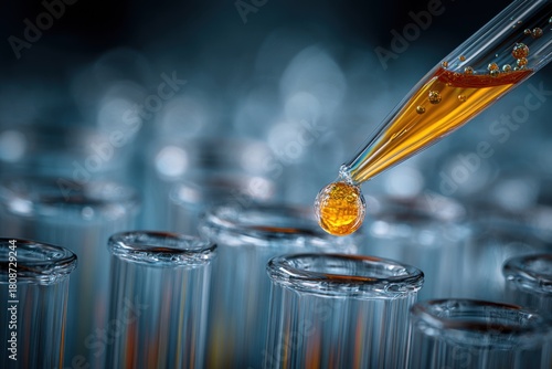 Wallpaper Mural Closeup view of a pipette dispensing a precise drop of orange liquid into clear test tubes in a laboratory setting, highlighting precision in scientific experiments Torontodigital.ca