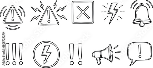 Hand drawn alert and warning icons set in black and white