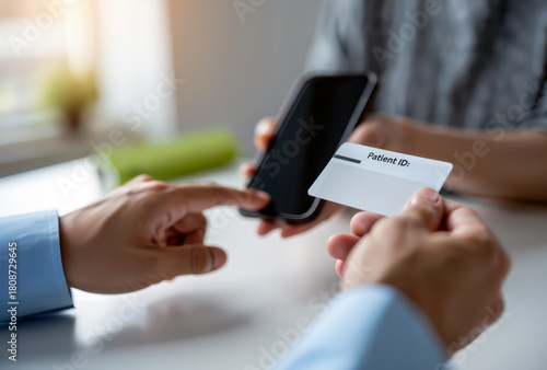 Patient using smartphone and ID card for clinic registration at a front desk.