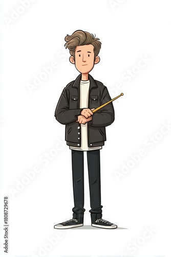 Young Man In Casual Outfit Holding A Pointing Stick Against White Background