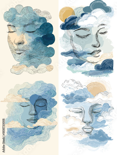 Soft artistic illustration of serene female faces blended with clouds, sky, and sunlight. Dreamy surreal artwork symbolizing calm, imagination, and emotional tranquility.
