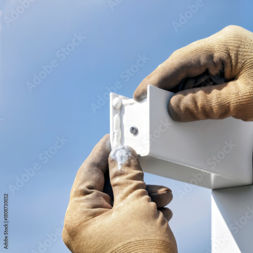 Worker applying waterproof sealant to a metal frame component outdoors.