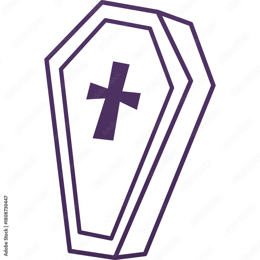 Obraz premium Purple Outline Icon of a Coffin with a Cross Symbol on a Transparent Background Simple Graphic Illustration