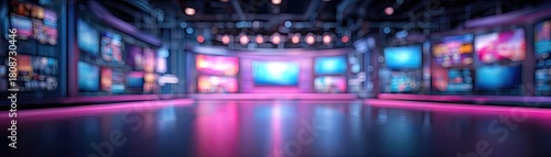Abstract blurred studio view at tv station concept. Modern television studio with vibrant lighting and multiple screens.