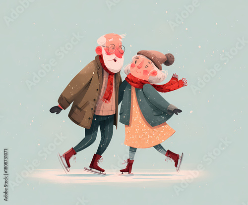 Grandfather and grandmother skating on ice AI generated