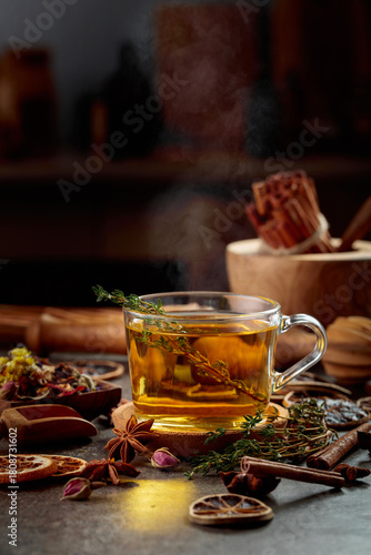 Obraz na plátně Cup of herbal tea with ingredients on the kitchen table.